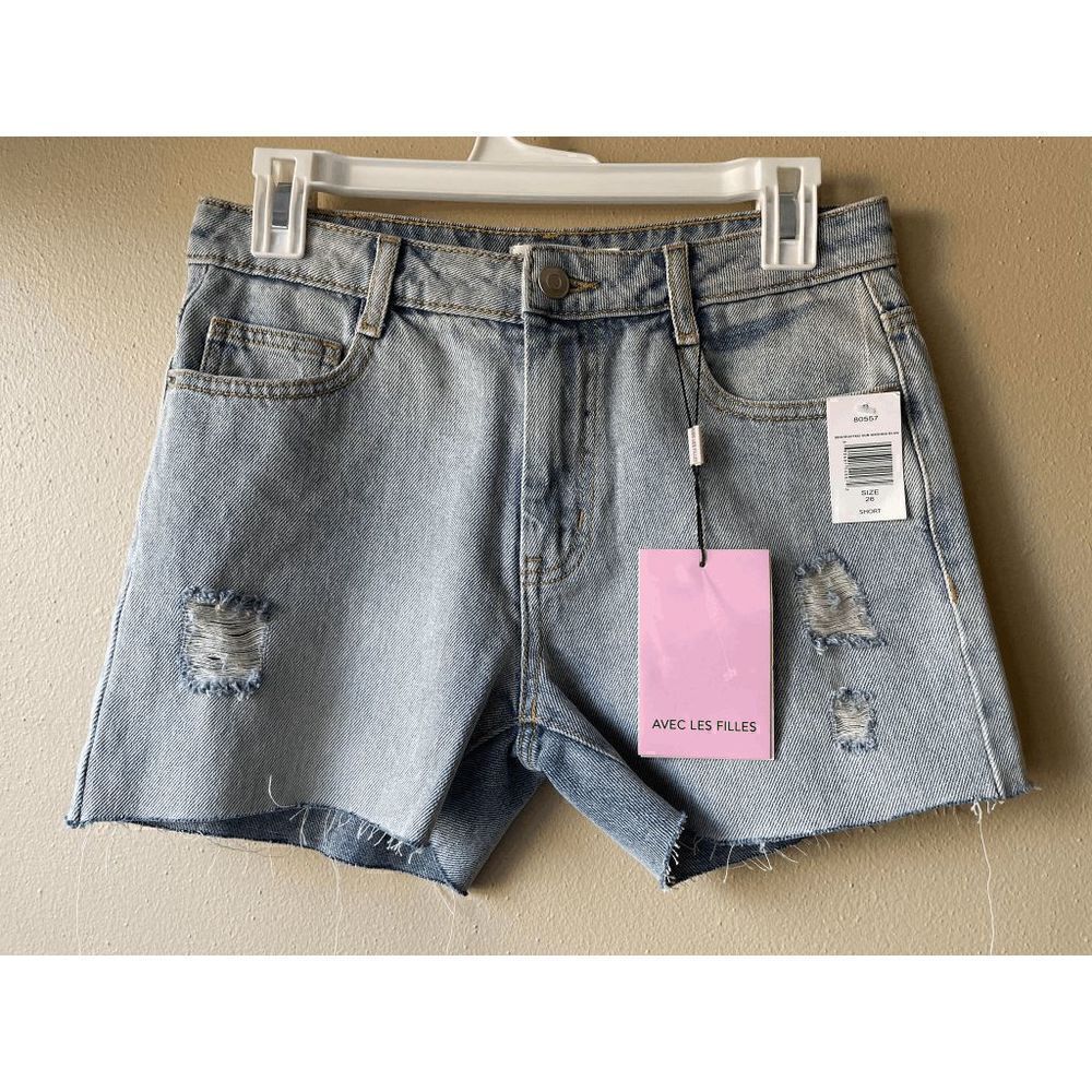 Avec Les Filles Denim Short in Destructed Sun Washed Blue Women's Size 26